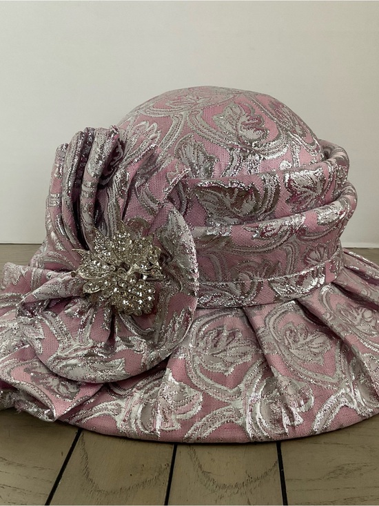 Mr. Hi’s Accessories - Mr Hi’s Classic Pink w/ Silver Metallic Hat w/Brooch ~Floral ~Church Hat